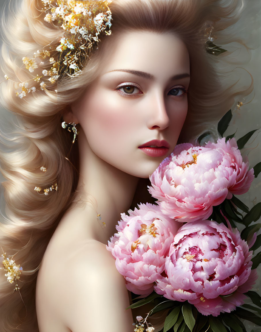 Digital artwork: Woman with golden hair and flowers next to pink peonies on creamy backdrop