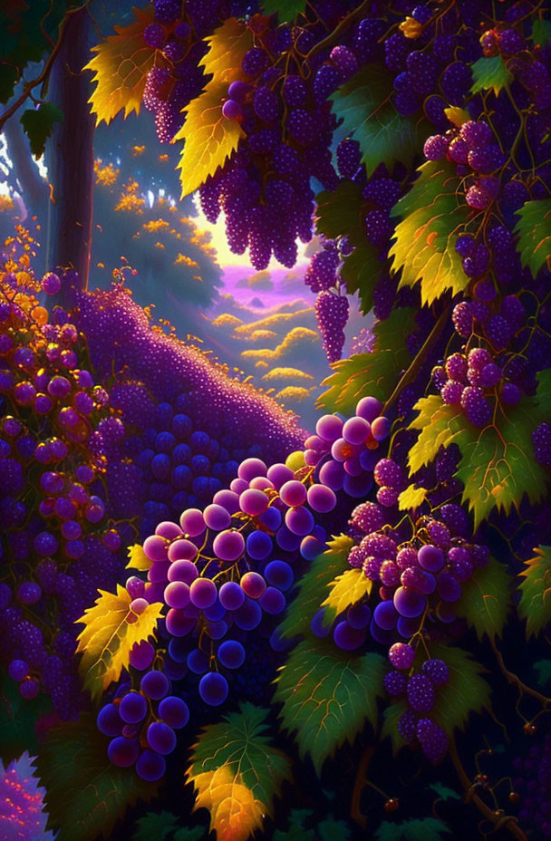 Lush purple grapevines in golden leaf frame on purple forest background