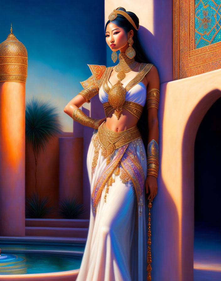 Regal woman in gold attire by Middle Eastern archway