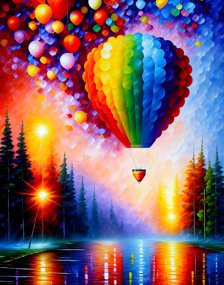 Colorful hot air balloon painting above forest and water with sun and balloons.