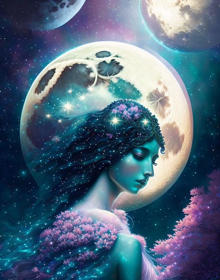 Surreal portrait of woman with blue skin and starry hair in cosmic setting