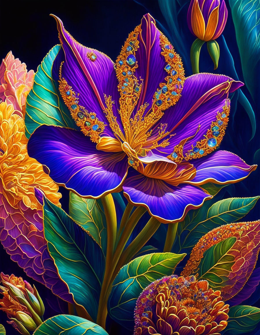 Detailed digital painting of ornate blue and purple flower with golden embellishments