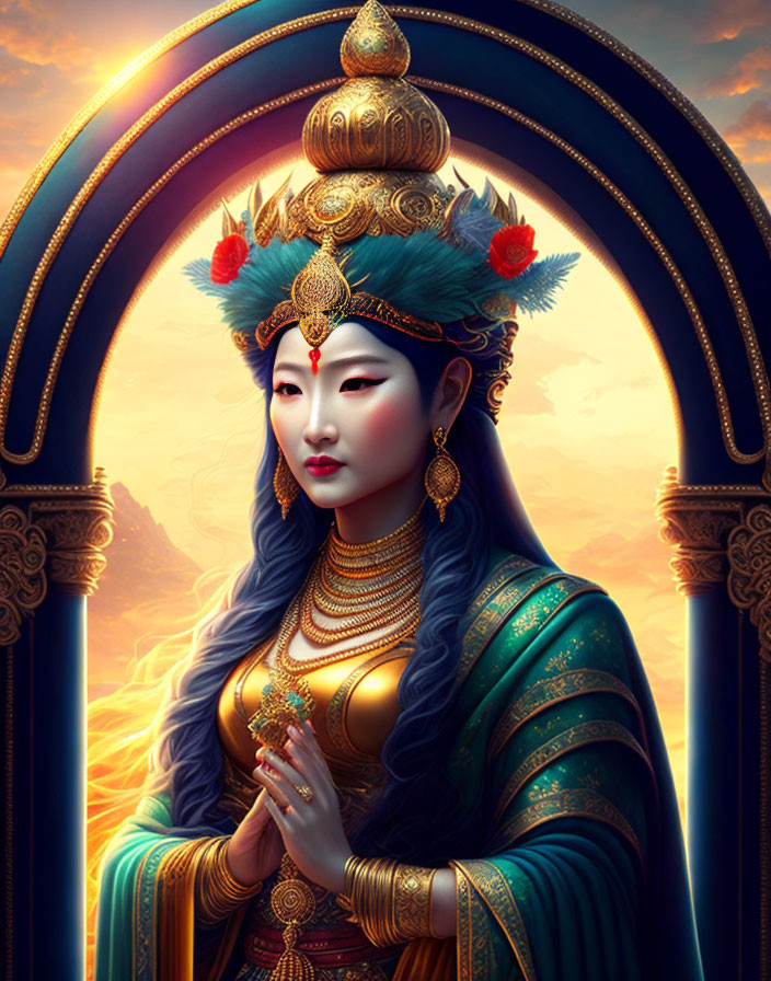 Regal figure in ornate attire against warm, glowing background