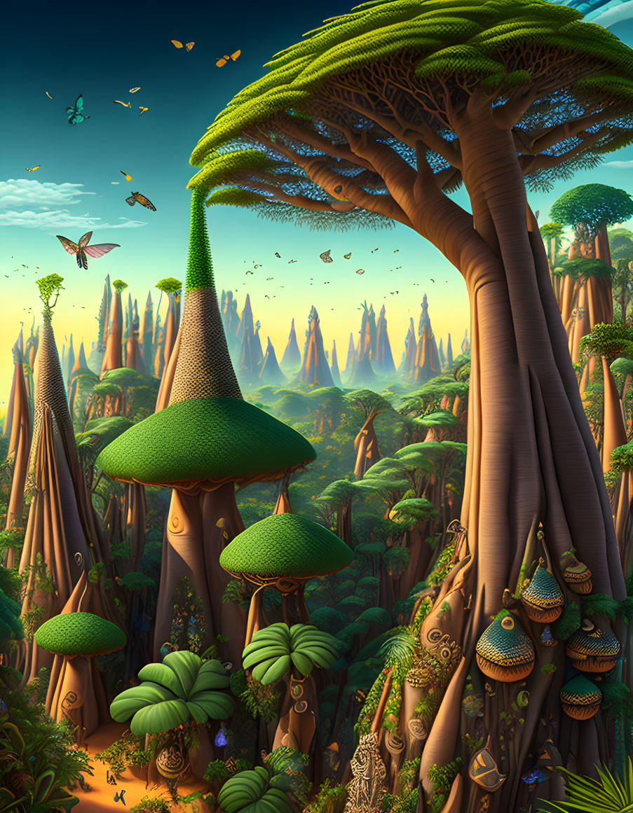 Majestic forest with towering tree-like structures and floating islands inhabited by butterflies