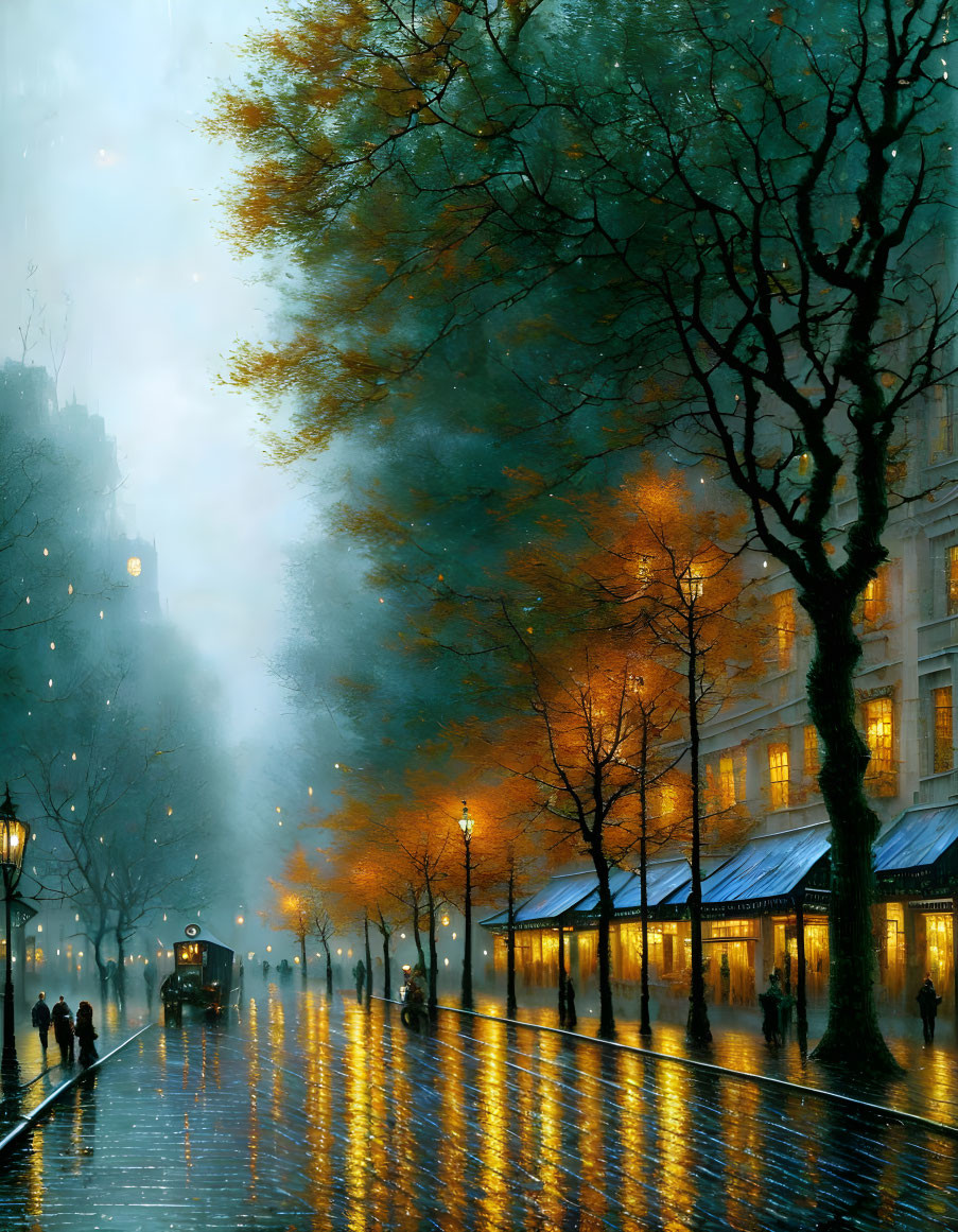 Misty evening scene: glowing street lamps, wet cobblestones, tram, trees, and building