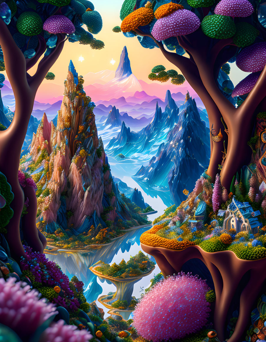 Fantastical landscape with mushroom-like trees, rocky peaks, river, cottage