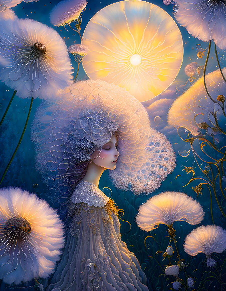 Ethereal artwork of woman with floral headdress amid dandelions & radiant sun