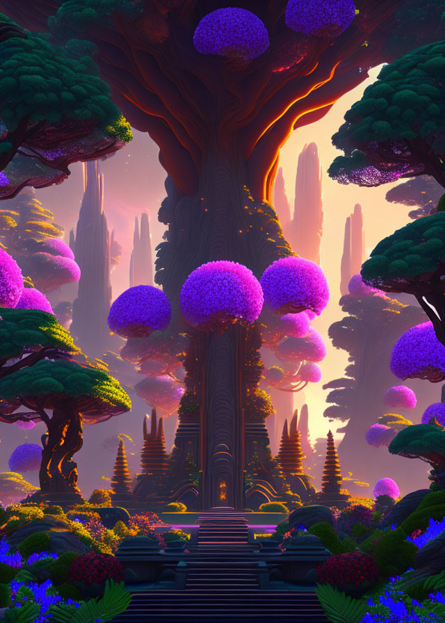 Fantasy landscape with giant tree, purple foliage, staircase, and twilight sky