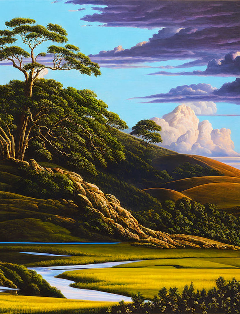 Vibrant landscape with tree, river, and dynamic sky