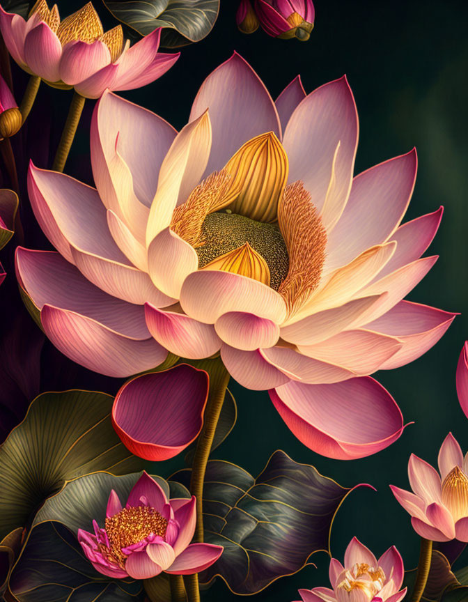 Detailed Pink Lotus Flower Illustration on Dark Background