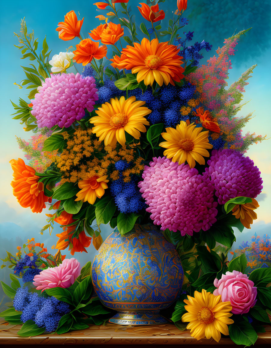 Colorful Flower Arrangement in Blue Vase on Painted Background