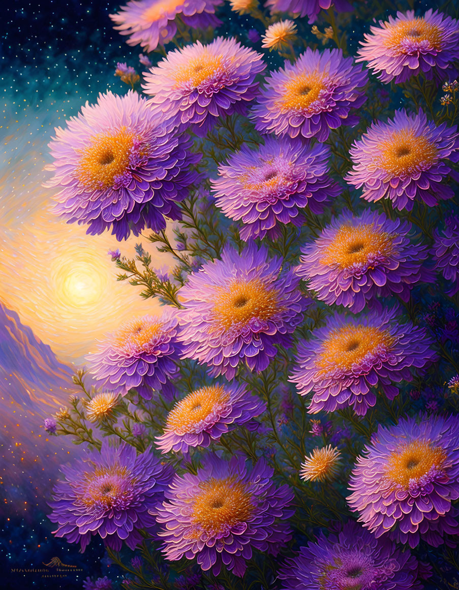 Purple Flowers with Yellow Centers in Twilight Sky with Sun Horizon