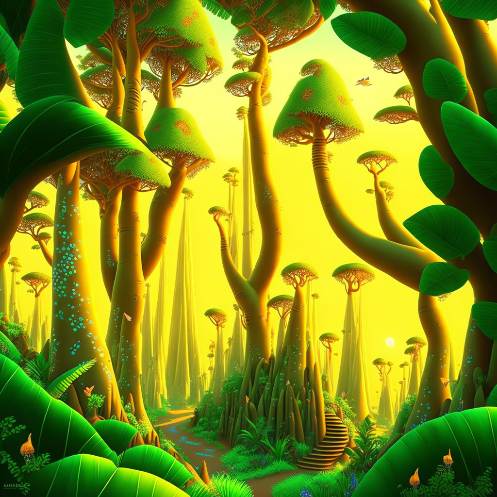 Enchanted forest with towering mushroom-like trees and glowing light