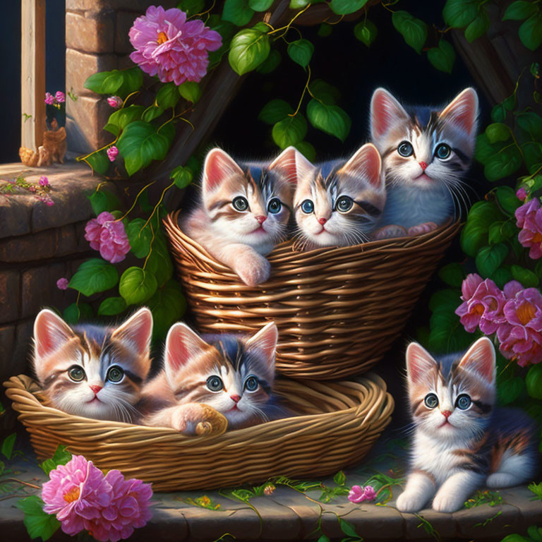 Five Kittens in Wicker Baskets Surrounded by Pink Flowers and Blue Sky