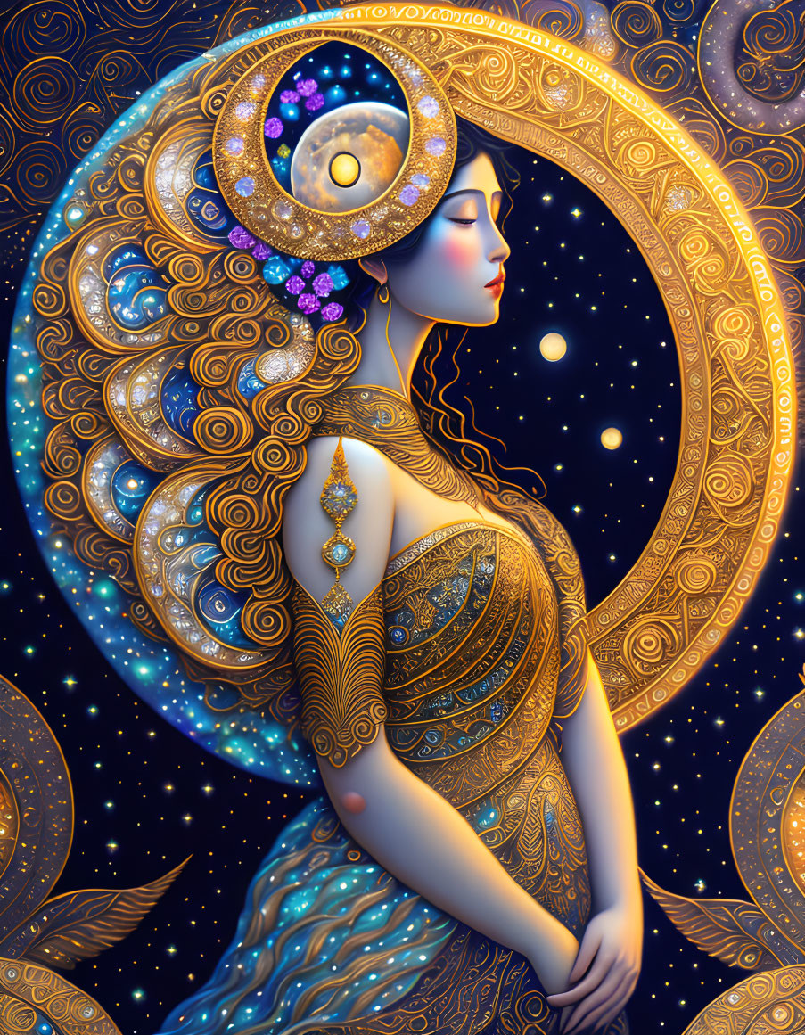 Celestial-themed woman illustration with ornate designs and stars