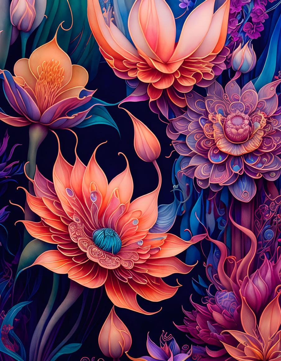 Colorful digital illustration of intricate flowers on dark blue.