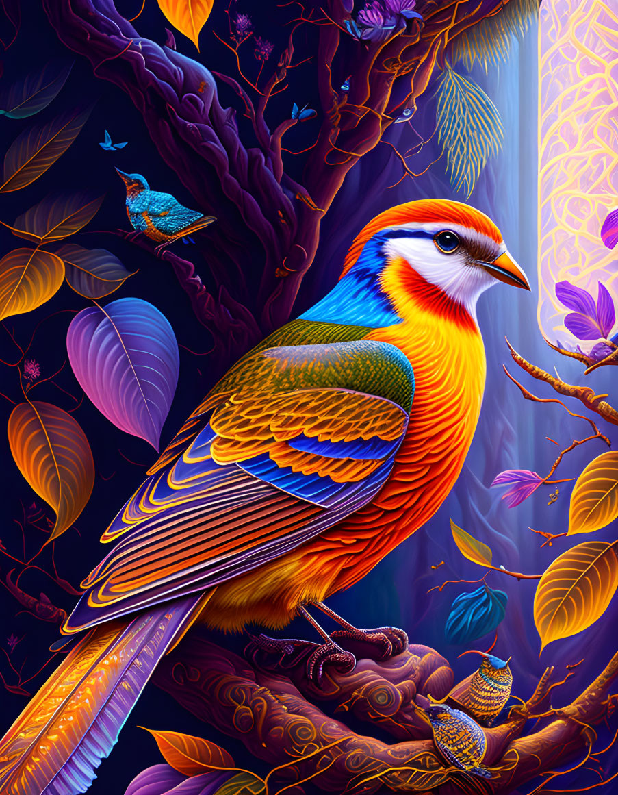 Colorful stylized bird in lush forest: Digital artwork