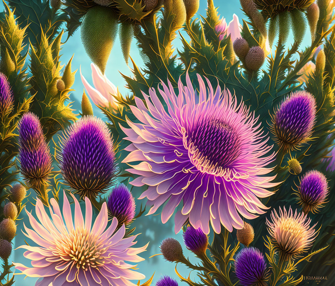 Detailed Digital Painting of Purple and Pink Thistle Flowers