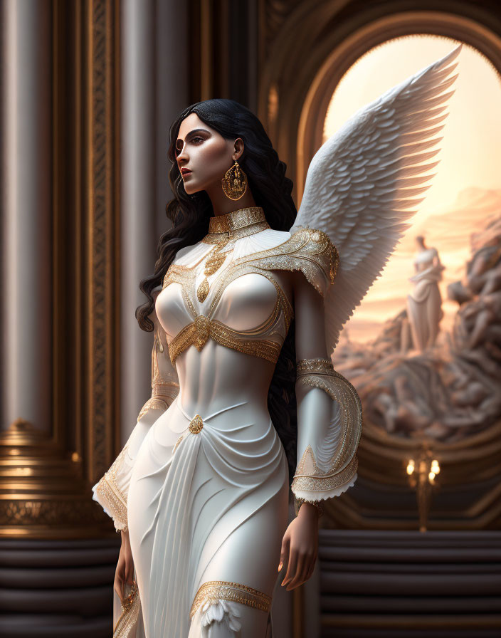 Majestic angelic figure in white and gold dress with wings in classical architectural setting