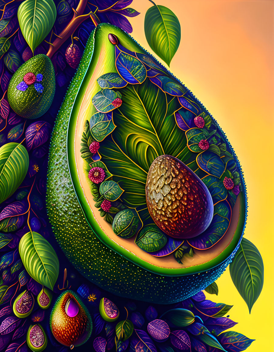 Colorful Avocado Artwork with Exotic Fruits on Gradient Background