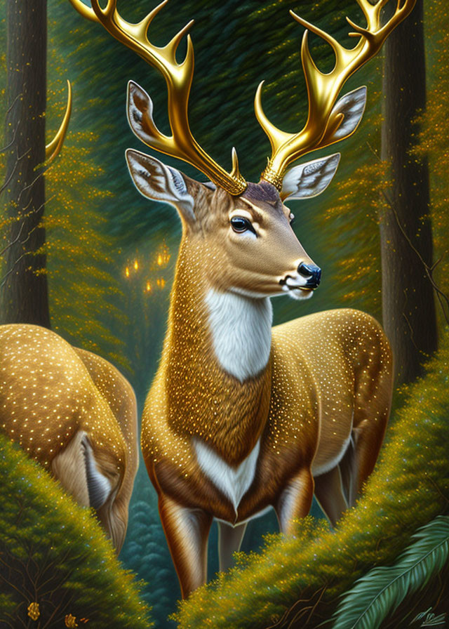 Golden stag with glowing antlers in mystical forest with light and deer