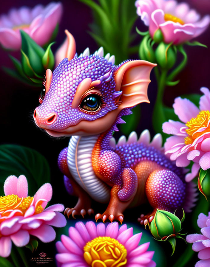 Colorful Purple Dragon Among Flowers on Dark Background