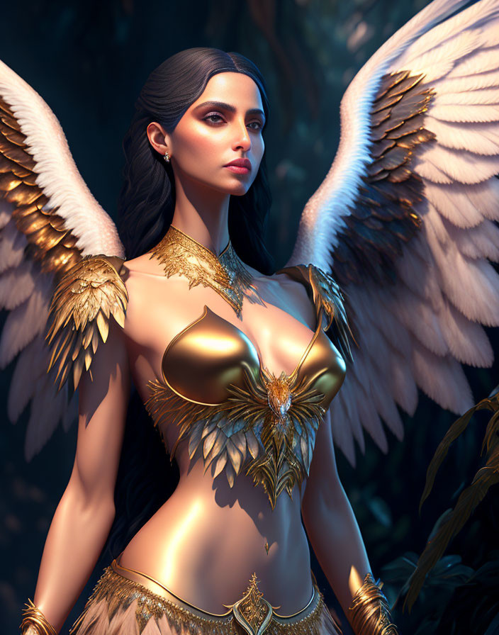 Digital Artwork: Woman with Angelic Wings in Golden Armor amidst Lush Foliage