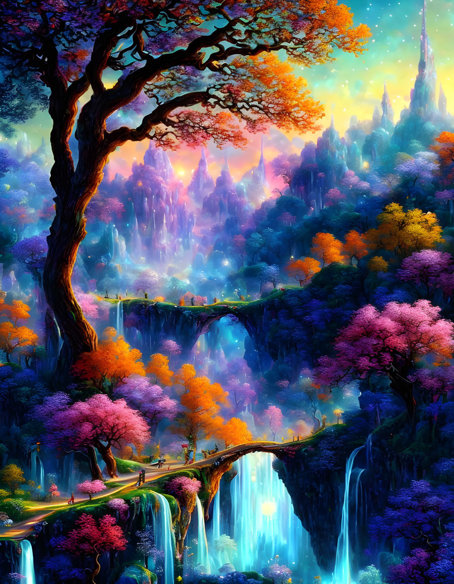 Majestic tree, colorful foliage, waterfalls & starry sky in fantasy landscape