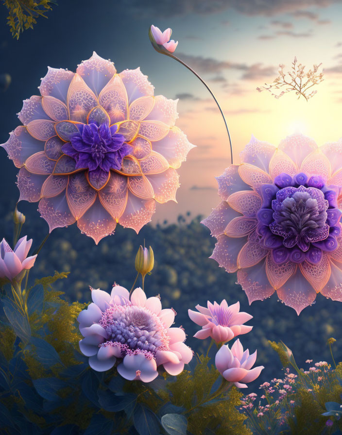 Large ornate flowers in pink and purple against twilight sky