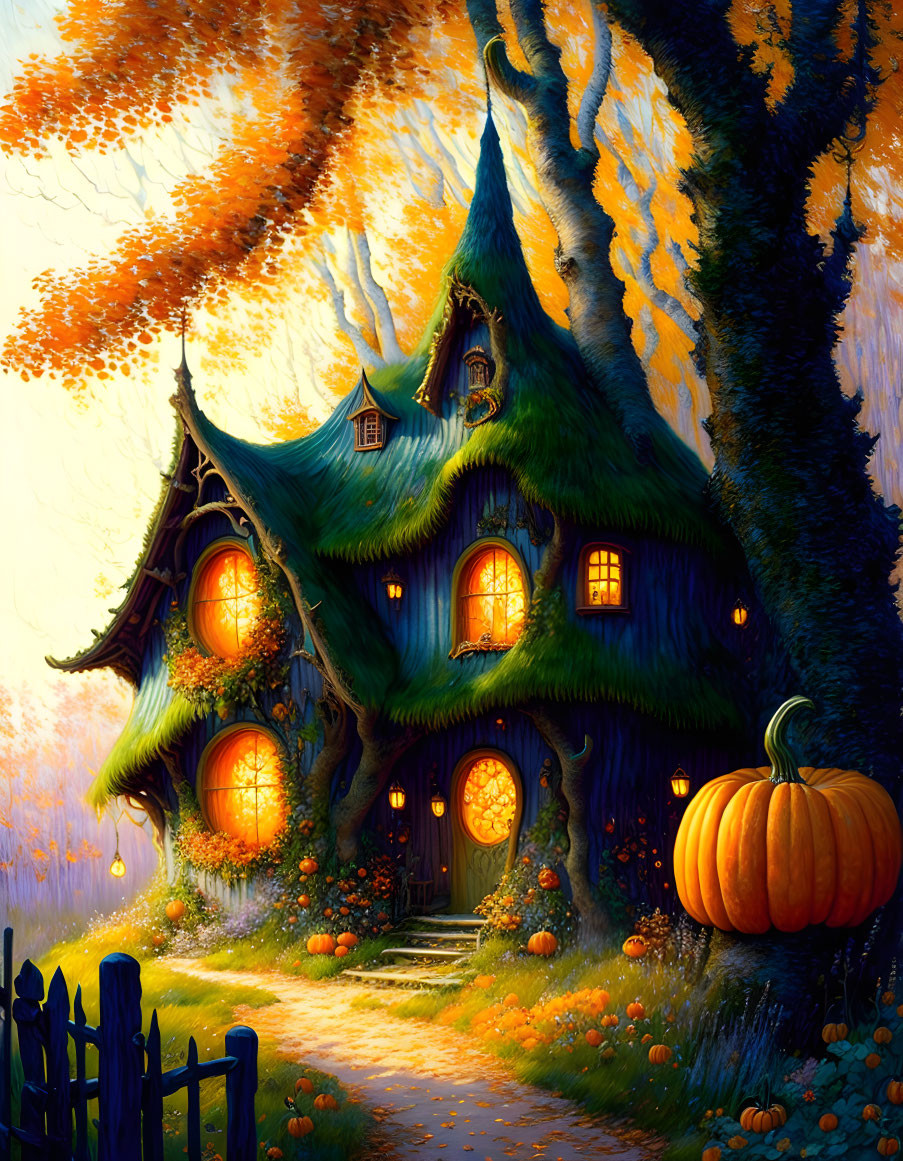 Enchanted treehouse illustration with autumn foliage and pumpkins