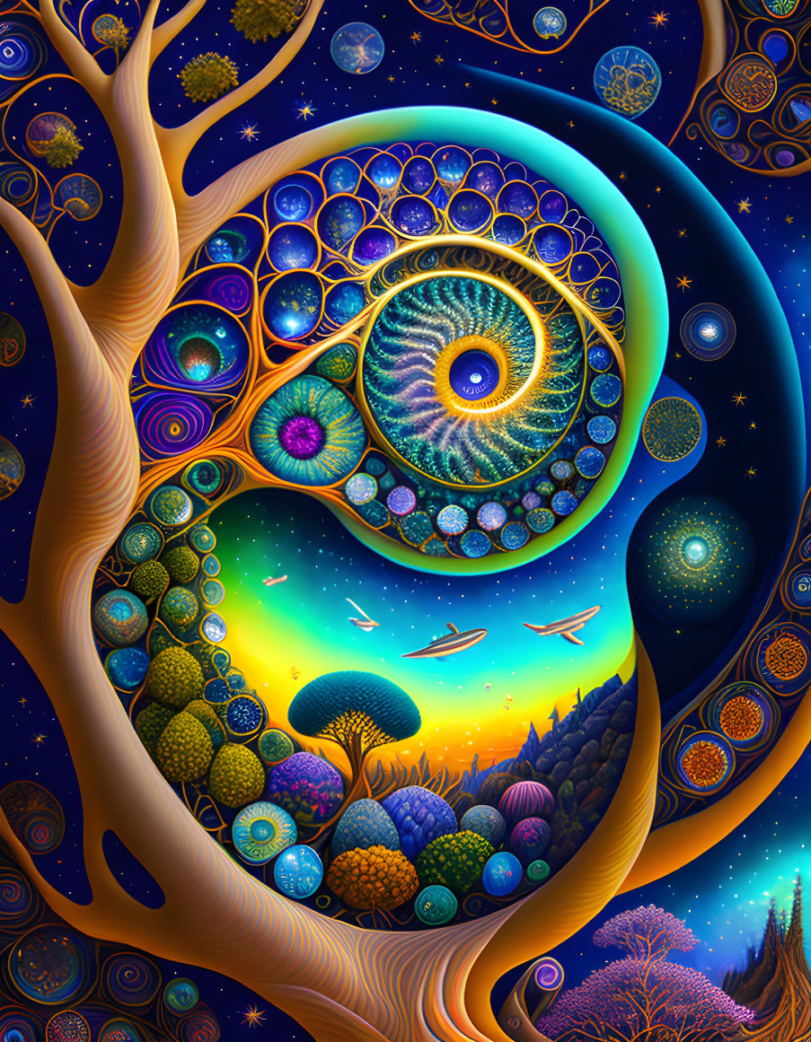 Colorful psychedelic artwork: Cosmic landscape with swirling trees and celestial bodies