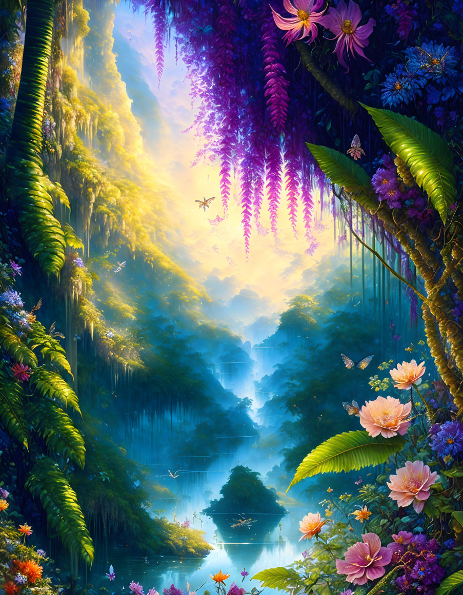 Lush greenery, serene river, purple flora in radiant sunlight