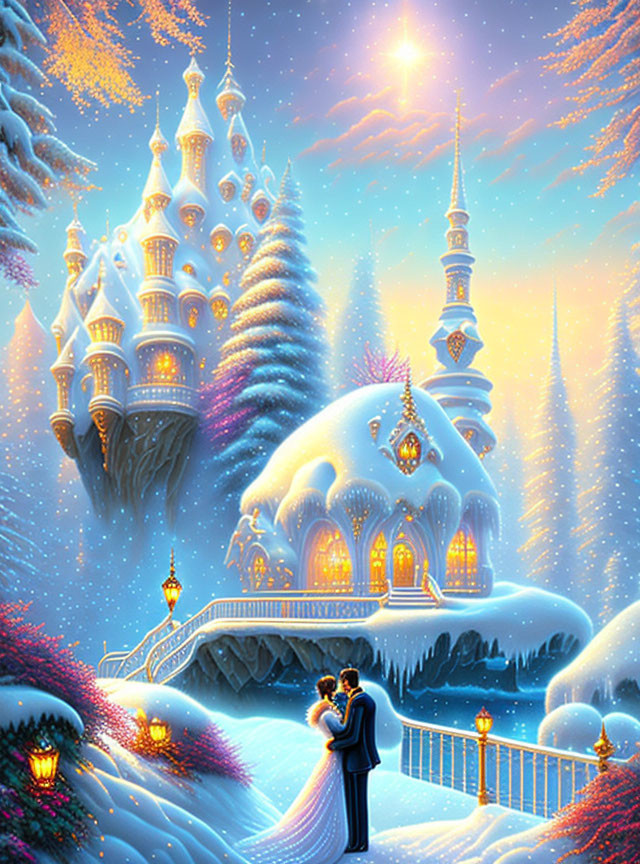 Couple Embraces in Snowy Night Landscape with Fantasy Castle