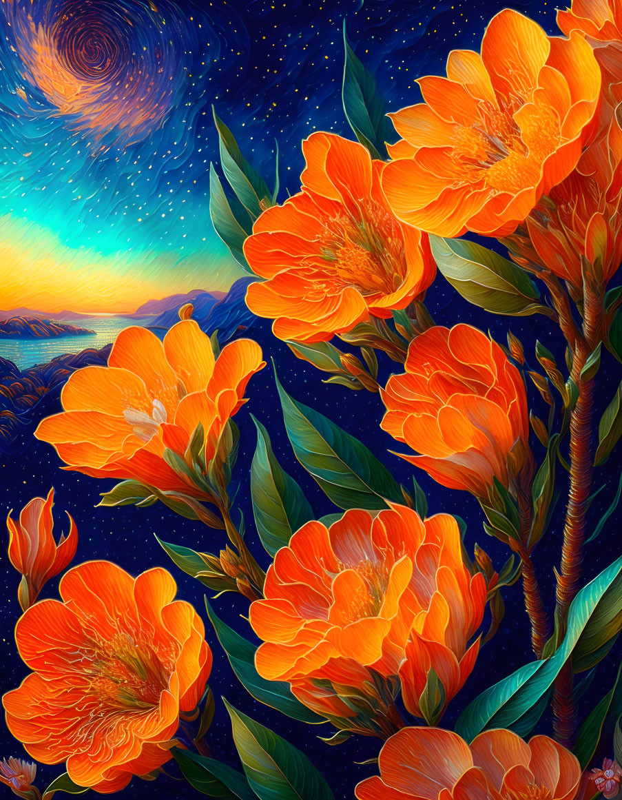 Vibrant orange flowers and starry night sky with van Gogh-inspired patterns