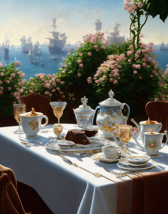 Tea set with hydrangeas by serene harbor and tall ships