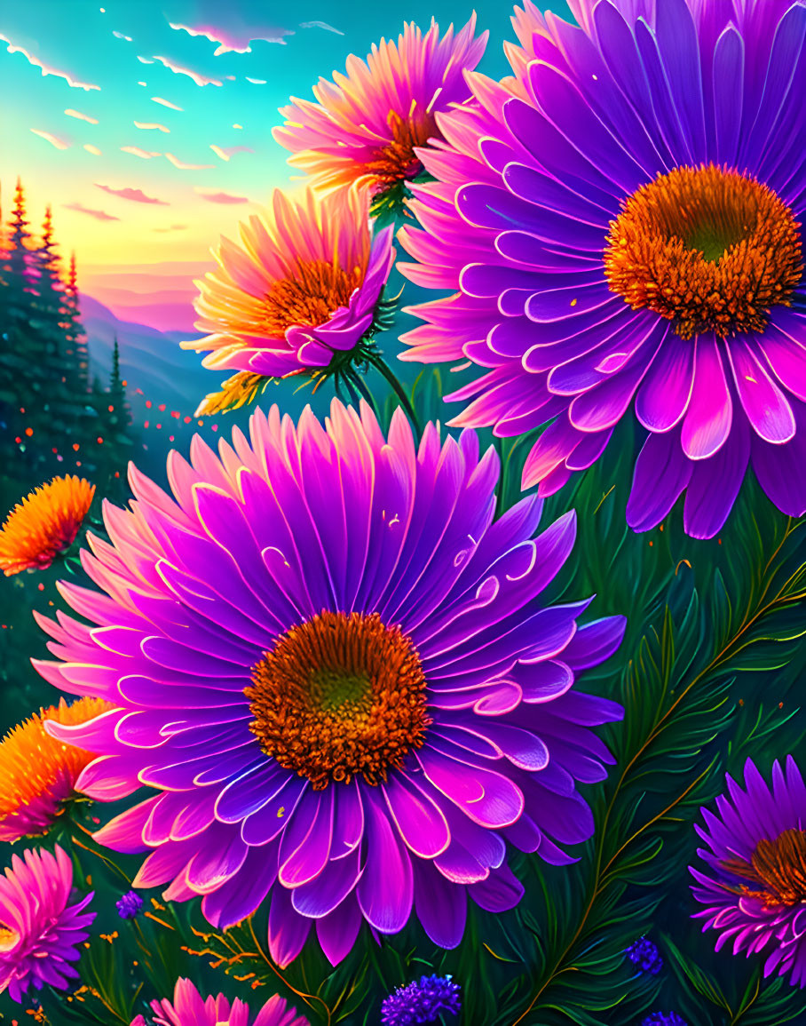 Colorful Gerbera Daisies Blooming at Sunset with Pine Tree Silhouettes