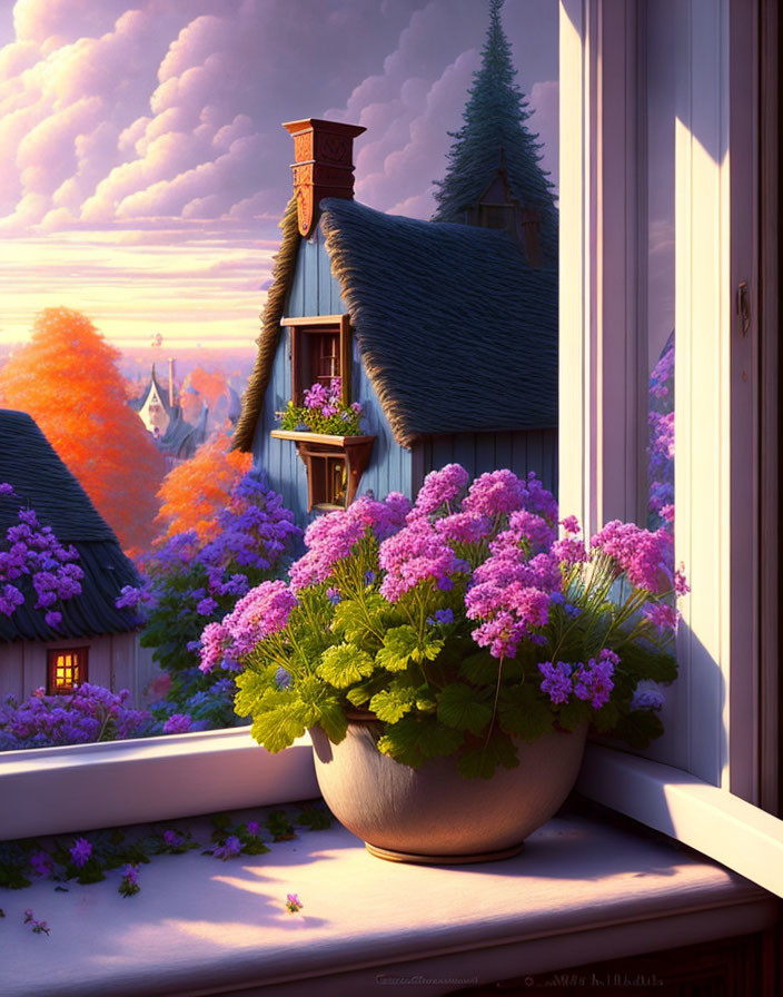 Digital Art: Windowsill Scene with Purple Flowers and Sunset Village