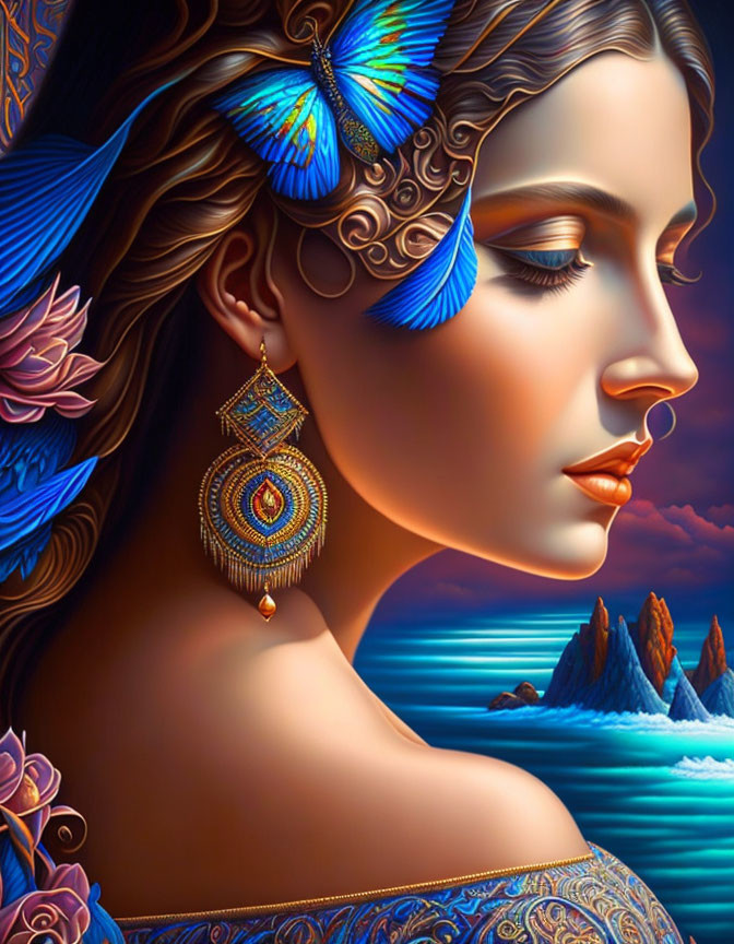 Woman adorned with blue butterfly motifs and ornate jewelry against serene seascape.