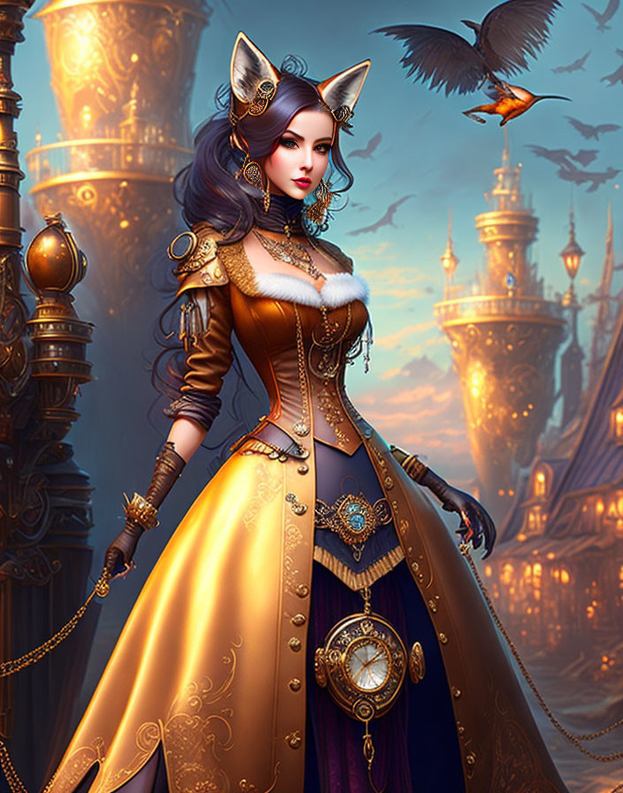 Steampunk-inspired woman with cat ears holding a clock, castle background, bird in flight