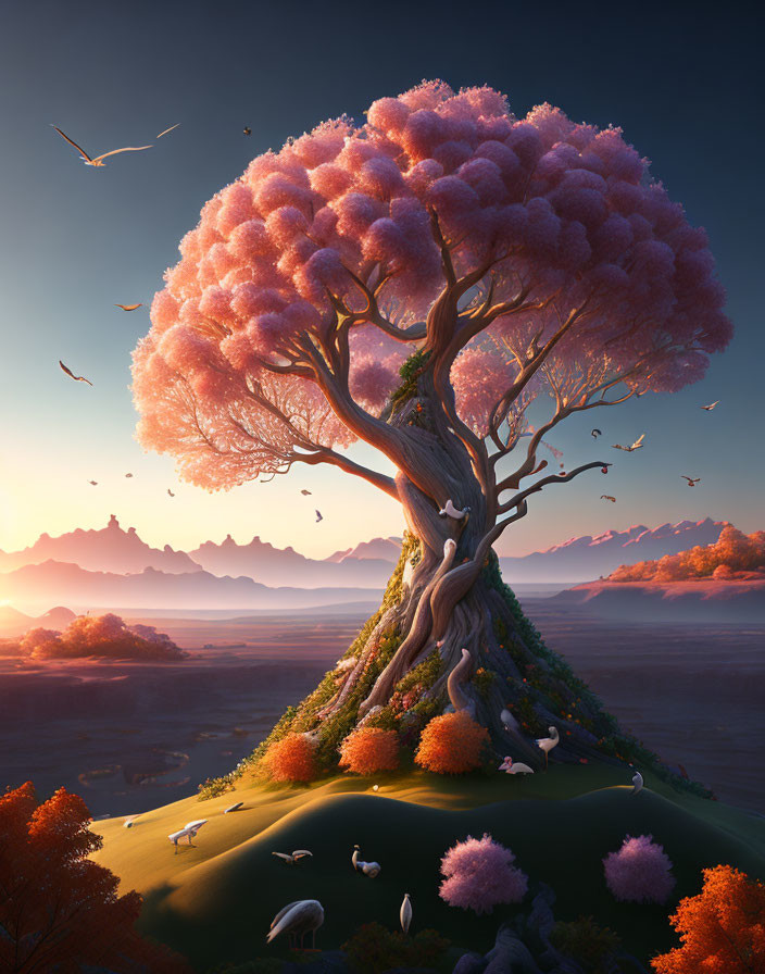 Pink tree in serene landscape with wildlife and rolling hills at sunrise