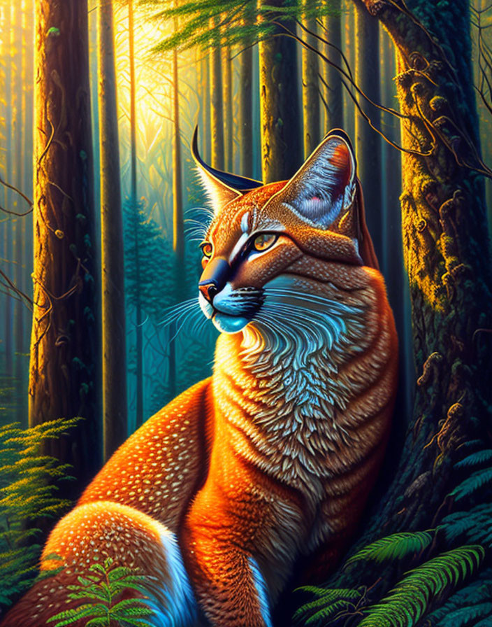 Detailed Lynx Illustration in Sunlit Forest