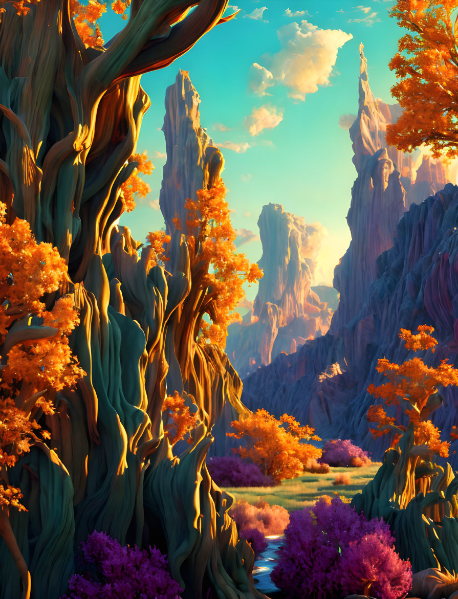 Fantastical landscape with twisted trees, autumn foliage, and rock formations