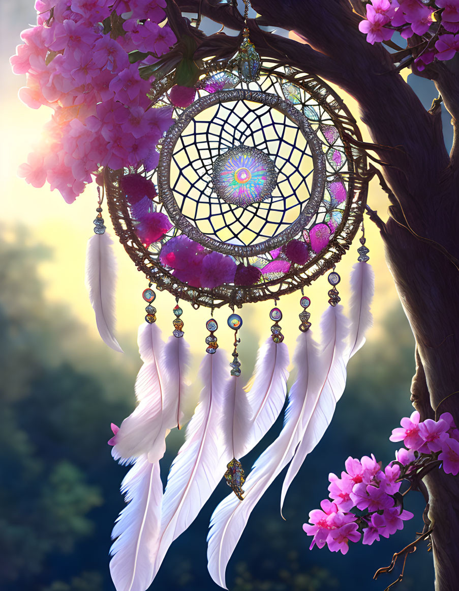 Intricate dreamcatcher hanging from tree with pink blossoms at sunset