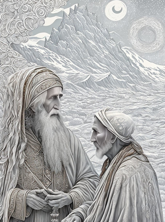 Elderly bearded men in ornate robes with mountain backdrop and celestial symbols