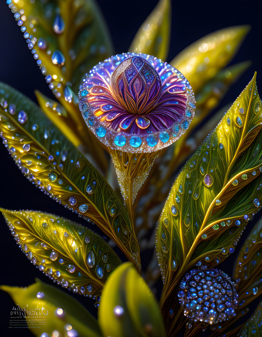 Colorful glass peacock feather with dew-covered leaves on dark background