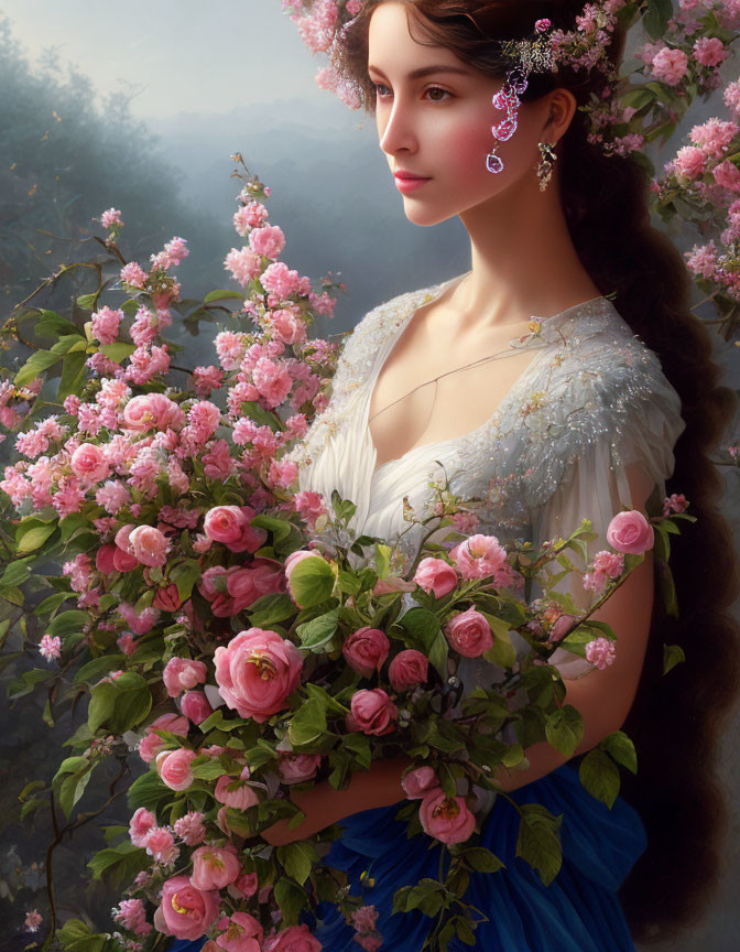 Woman in Blue Dress with Bouquet Among Blooming Bushes