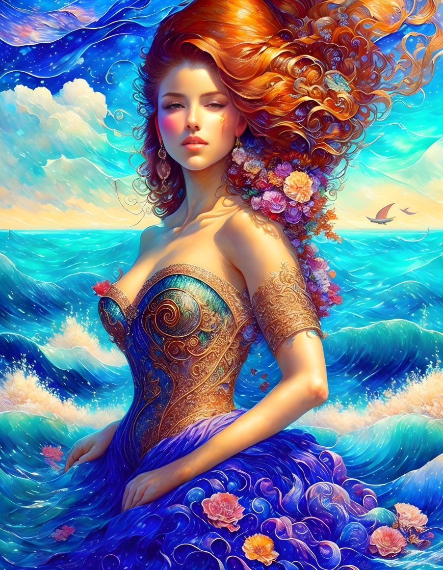 Colorful illustration: Woman with red hair in blue dress surrounded by flowers, waves, and sunny sky