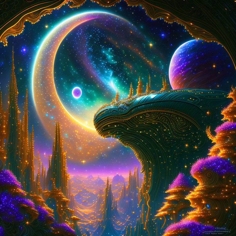 Colorful fantasy landscape with alien structures, glowing flora, and celestial bodies