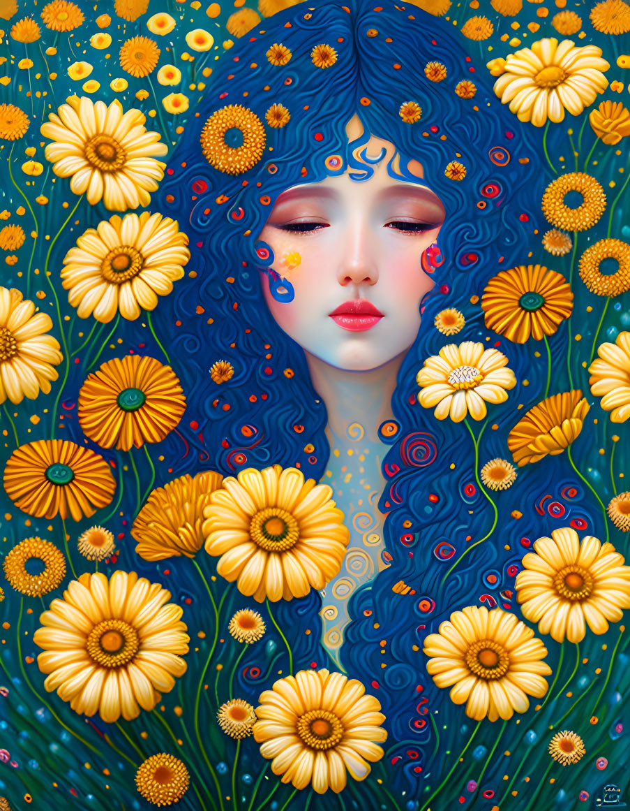 Blue-haired woman with yellow flowers in surreal portrait.