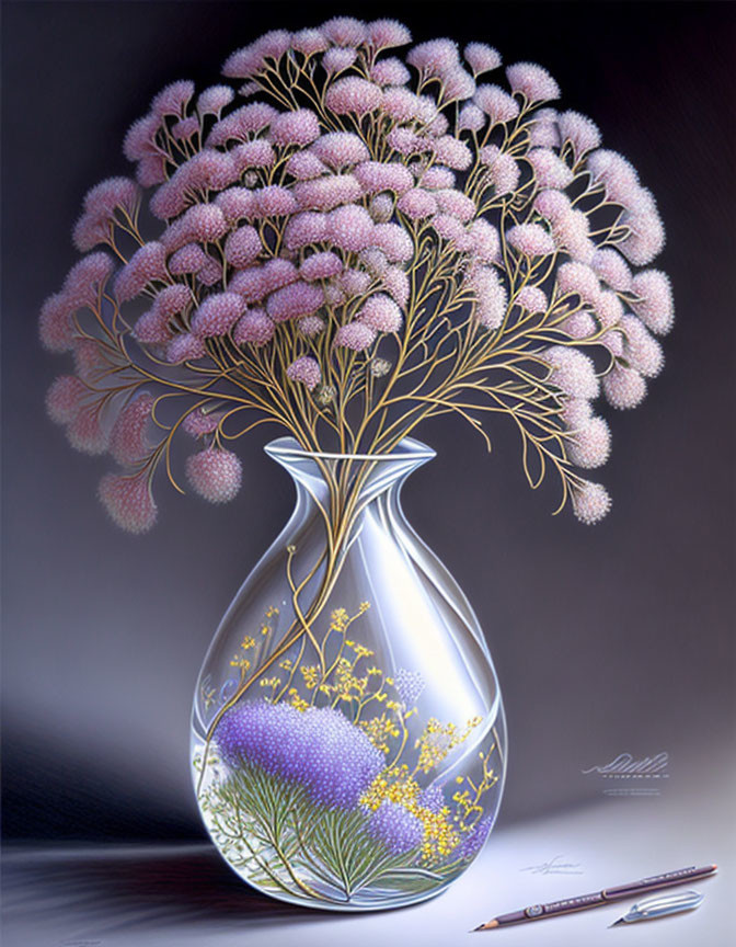 Transparent vase with pink, yellow, and purple flowers in digital drawing.